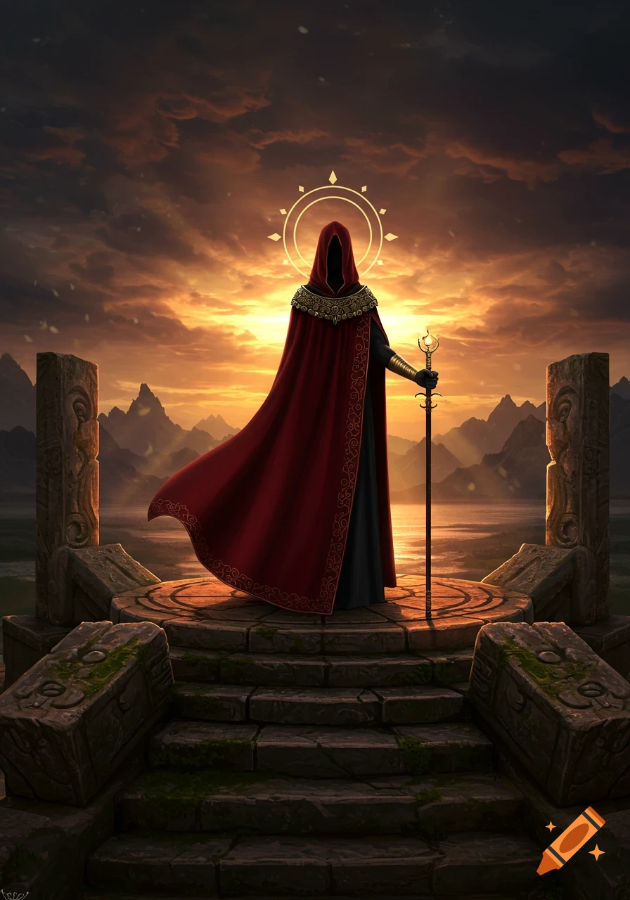 A mysterious hooded figure in a red cloak holds a staff, standing on ancient ruins against a dramatic sunset landscape. Digital art.