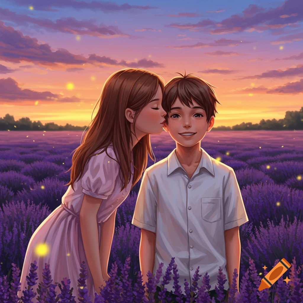 An illustration of a girl kissing a boy on the cheek in a vibrant lavender field at sunset.