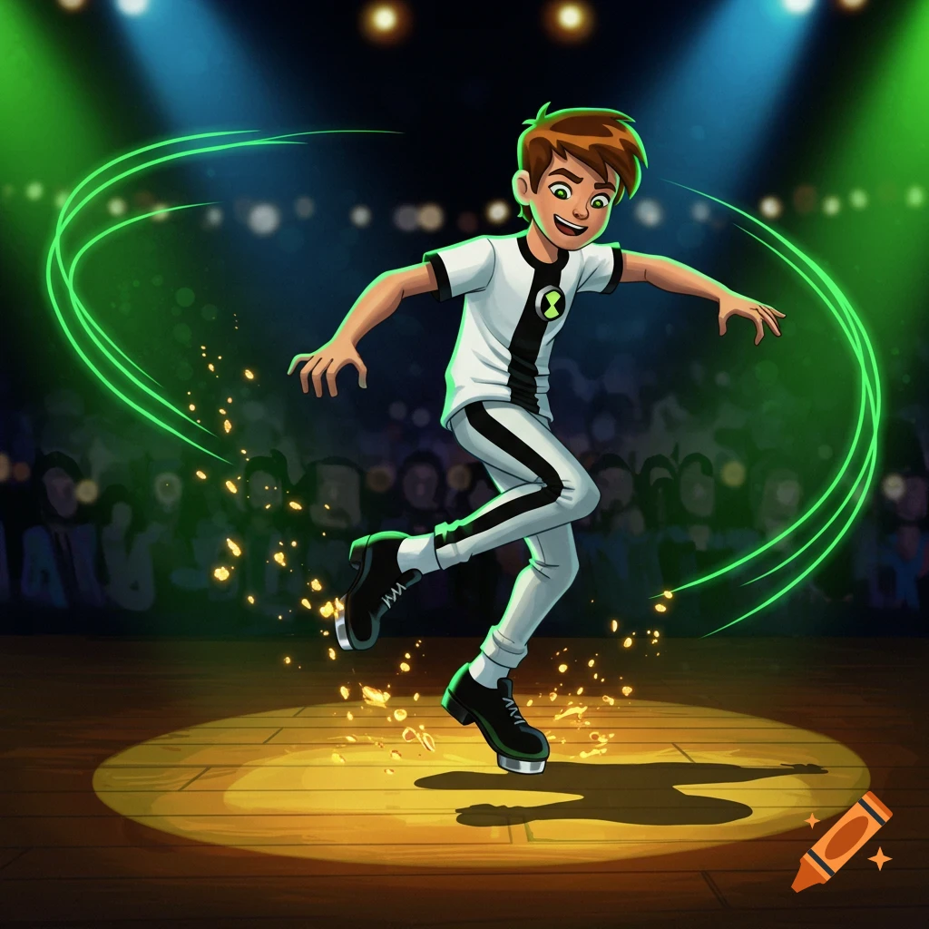 Cartoon Ben 10 tap dancing under green spotlights with glowing green trails and golden sparkles.