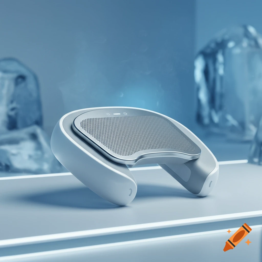 A sleek, white U-shaped neck cooler with a silver cooling plate sits on a reflective surface against a blue background with ice.