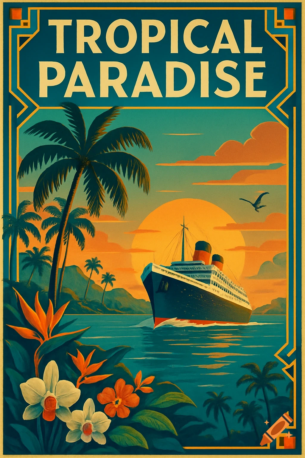 Art deco travel poster for 'Tropical Paradise' with a cruise ship, palm trees, and sunset.