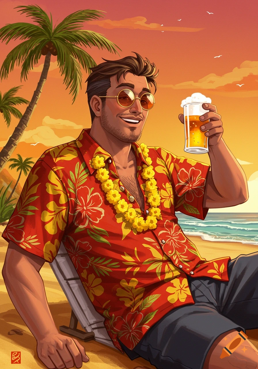Illustration of a smiling man in a Hawaiian shirt and lei on a tropical beach, holding a glass of beer at sunset.