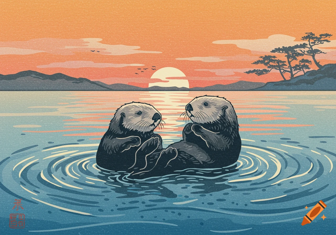 Two sea otters float on their backs in water at sunset, rendered in a Japanese art style.