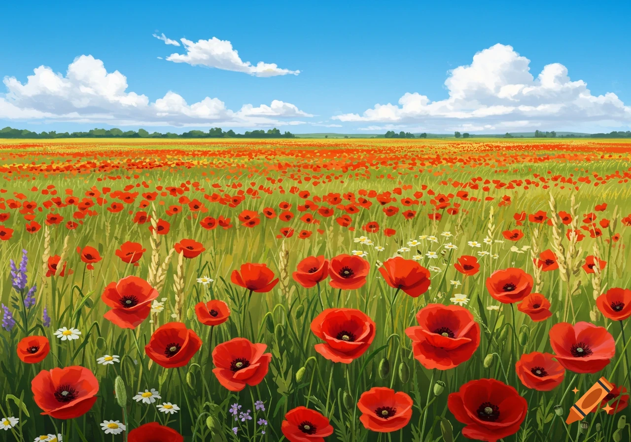 A vibrant field of red poppies and green grass under a clear blue sky with white clouds in an illustrative style.