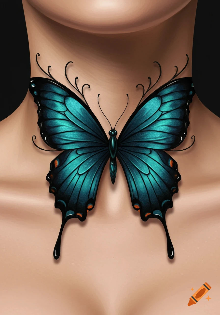 A detailed illustration of a blue and black butterfly tattoo on a person's neck and upper chest.