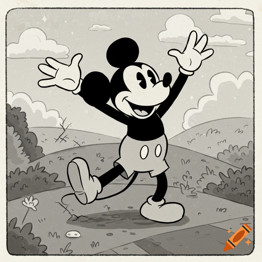 Classic black and white cartoon Mickey Mouse happily waving in a hilly outdoor landscape.
