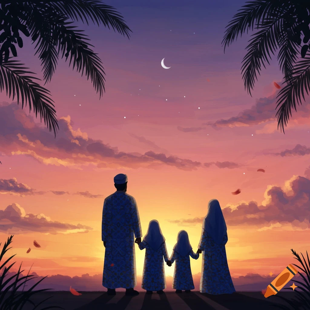 Illustrated silhouette of a Muslim family from behind, watching a vibrant sunset with palm trees and a crescent moon.