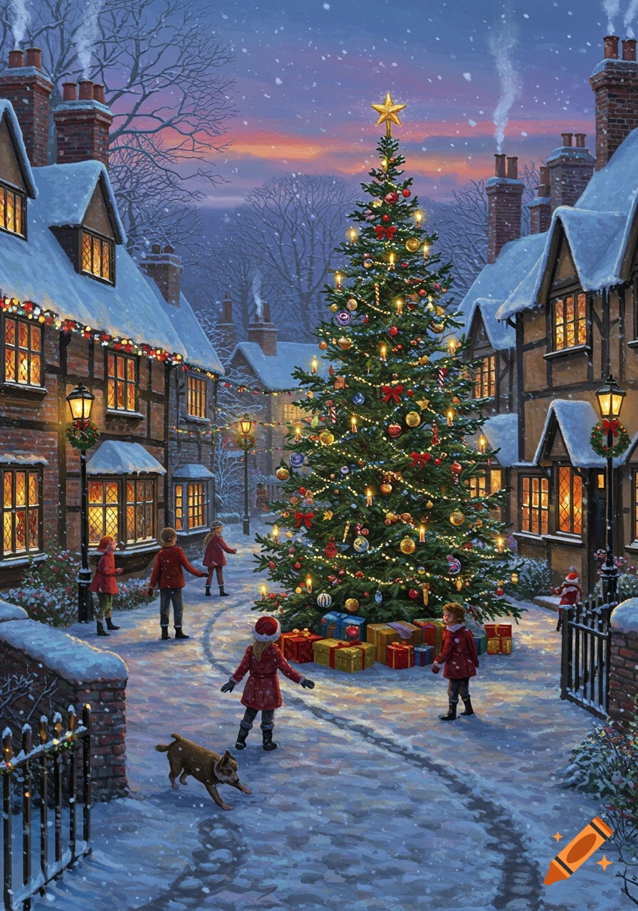 Painterly illustration of children and a dog on a snowy village street at dusk, gathered around a large, decorated Christmas tree with illuminated houses.