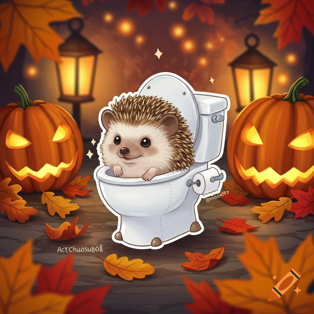 A cute cartoon hedgehog peeks from a white toilet, surrounded by glowing jack-o'-lanterns, lanterns, and autumn leaves in an illustration.