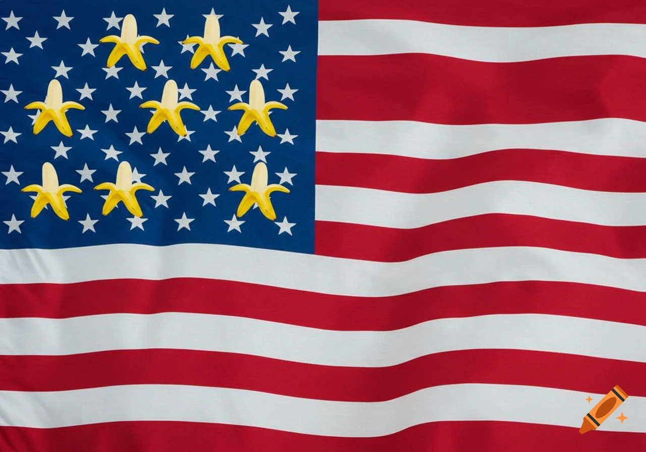 American flag with red and white stripes and a blue canton featuring white stars and yellow peeled bananas.