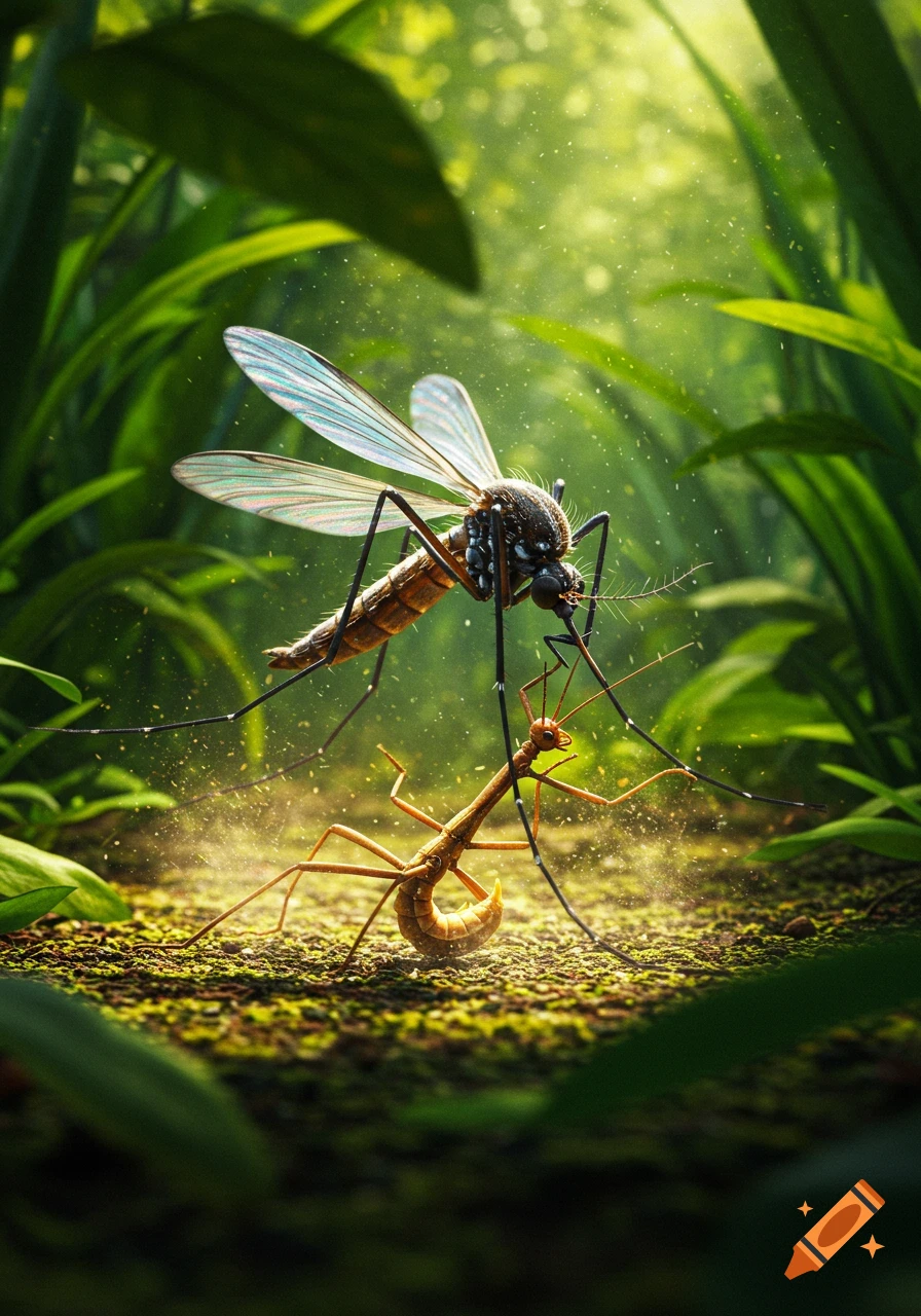 A large mosquito hovers over a stick insect on a mossy forest floor amidst lush green plants, photorealistic.