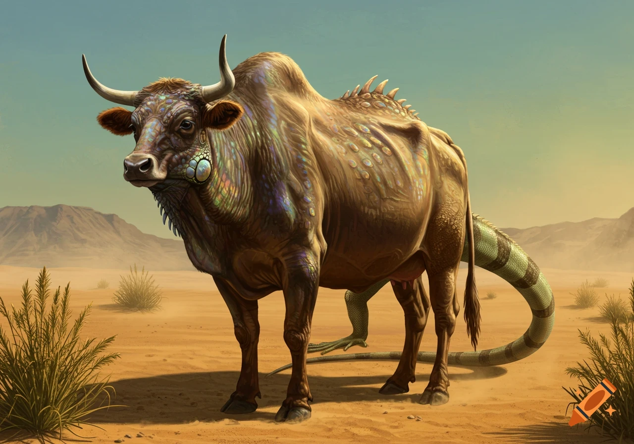 Large fantasy hybrid creature with a cow's body, iridescent scales, horns, and an iguana's tail and feet, standing in a desert landscape.