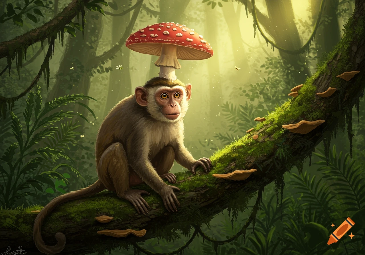 A monkey with a red and white mushroom on its head sits on a mossy tree branch in a sunlit jungle.