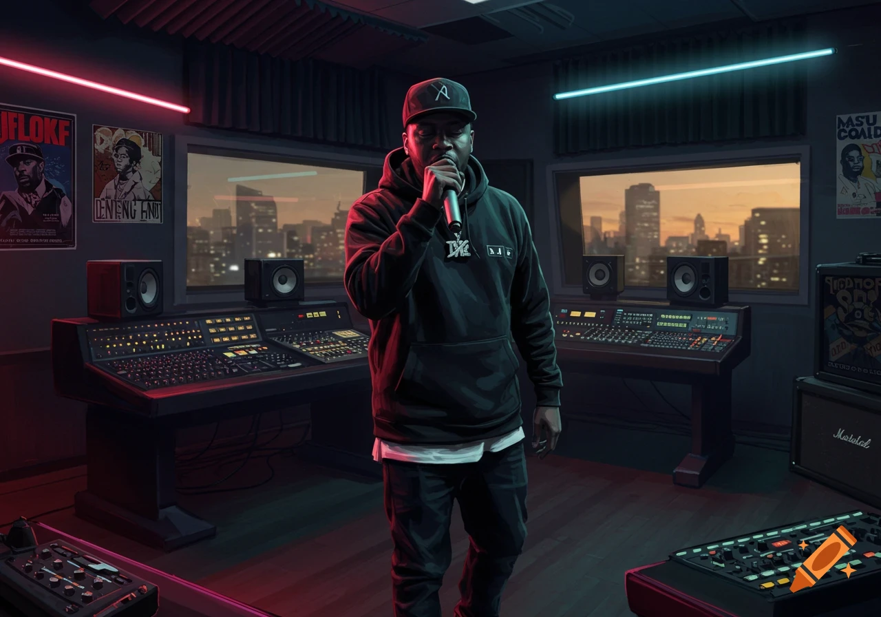 A stylized illustration of a male rapper holding a microphone in a dark recording studio with neon lights and city views from windows.