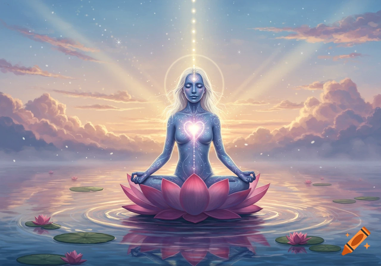 A blue-skinned woman with white hair meditates on a pink lotus flower in water, glowing under a starry, cloudy sunset sky.