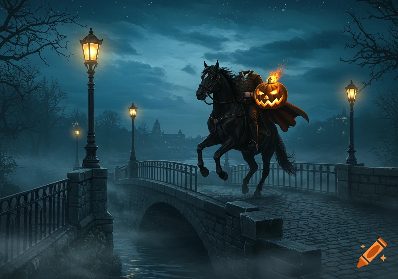 Headless Horseman with a flaming jack-o'-lantern rides a black horse on a misty stone bridge at night, lit by street lamps.