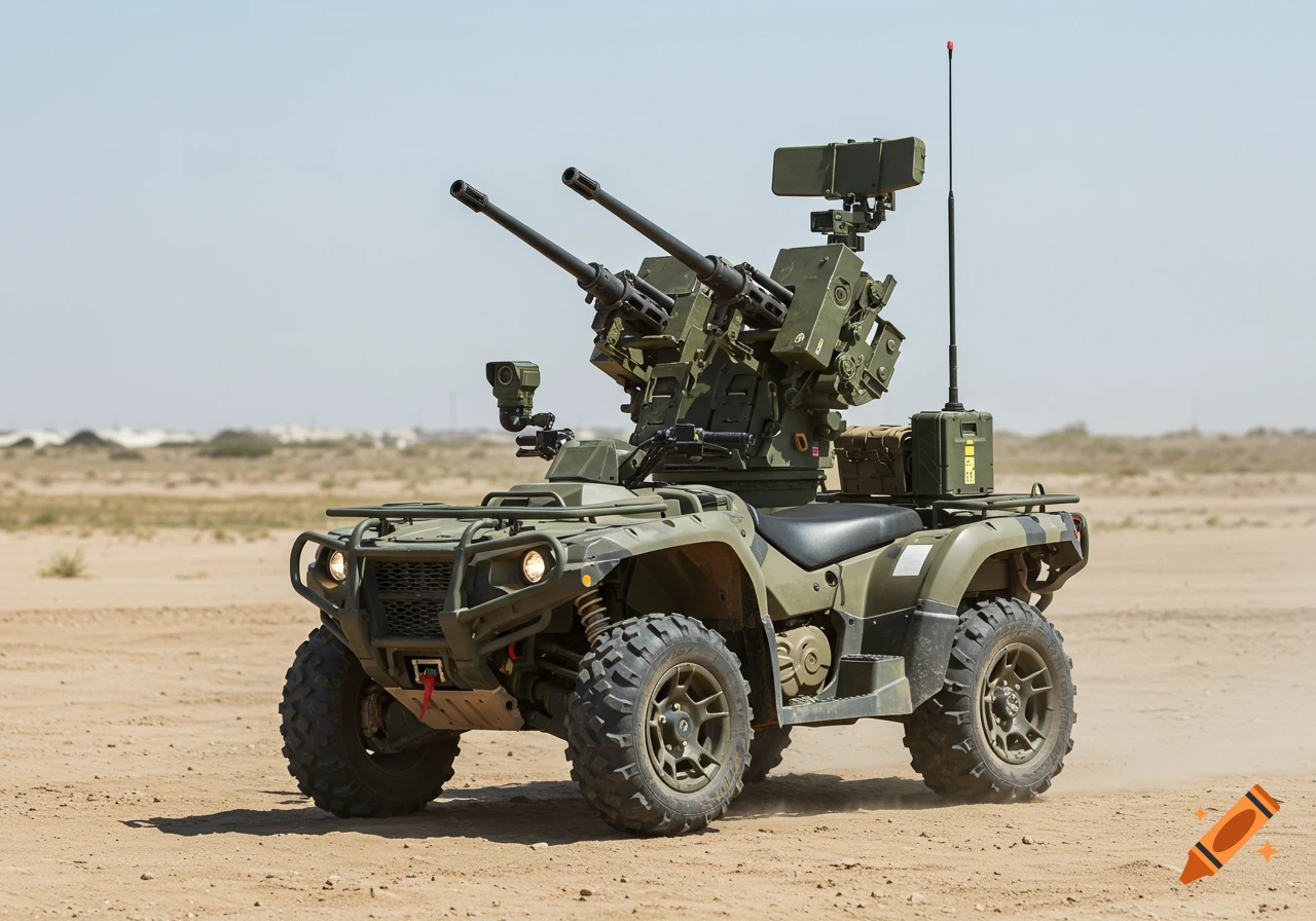 A camouflaged military ATV with dual anti-aircraft guns mounted on the rear, parked in a sandy desert environment on a sunny day.