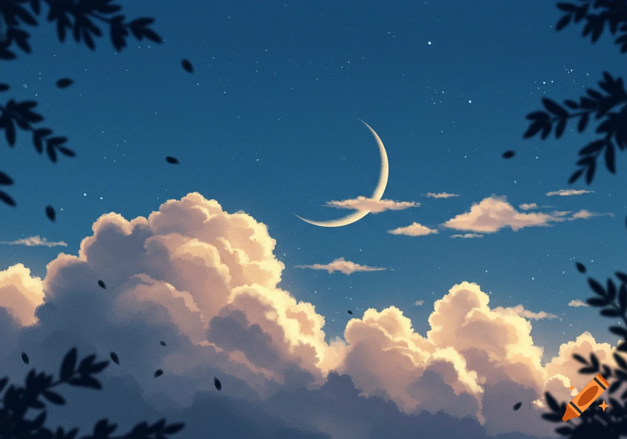 Illustrated night sky with a crescent moon, glowing clouds, and dark foliage framing the view.