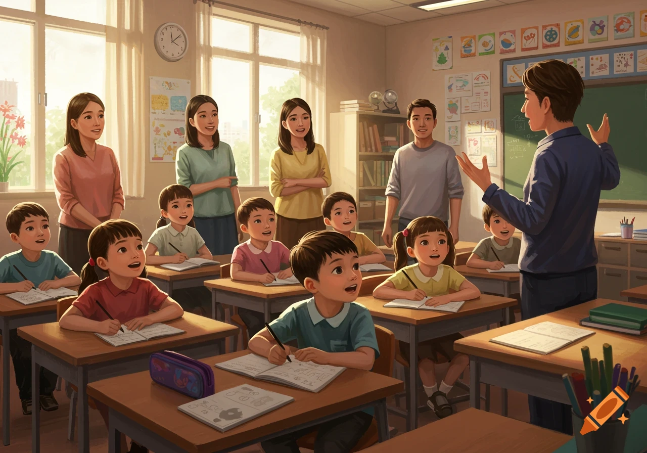 An illustration of a diverse group of children focused on a male teacher in a brightly lit classroom, with parents observing proudly in the background.