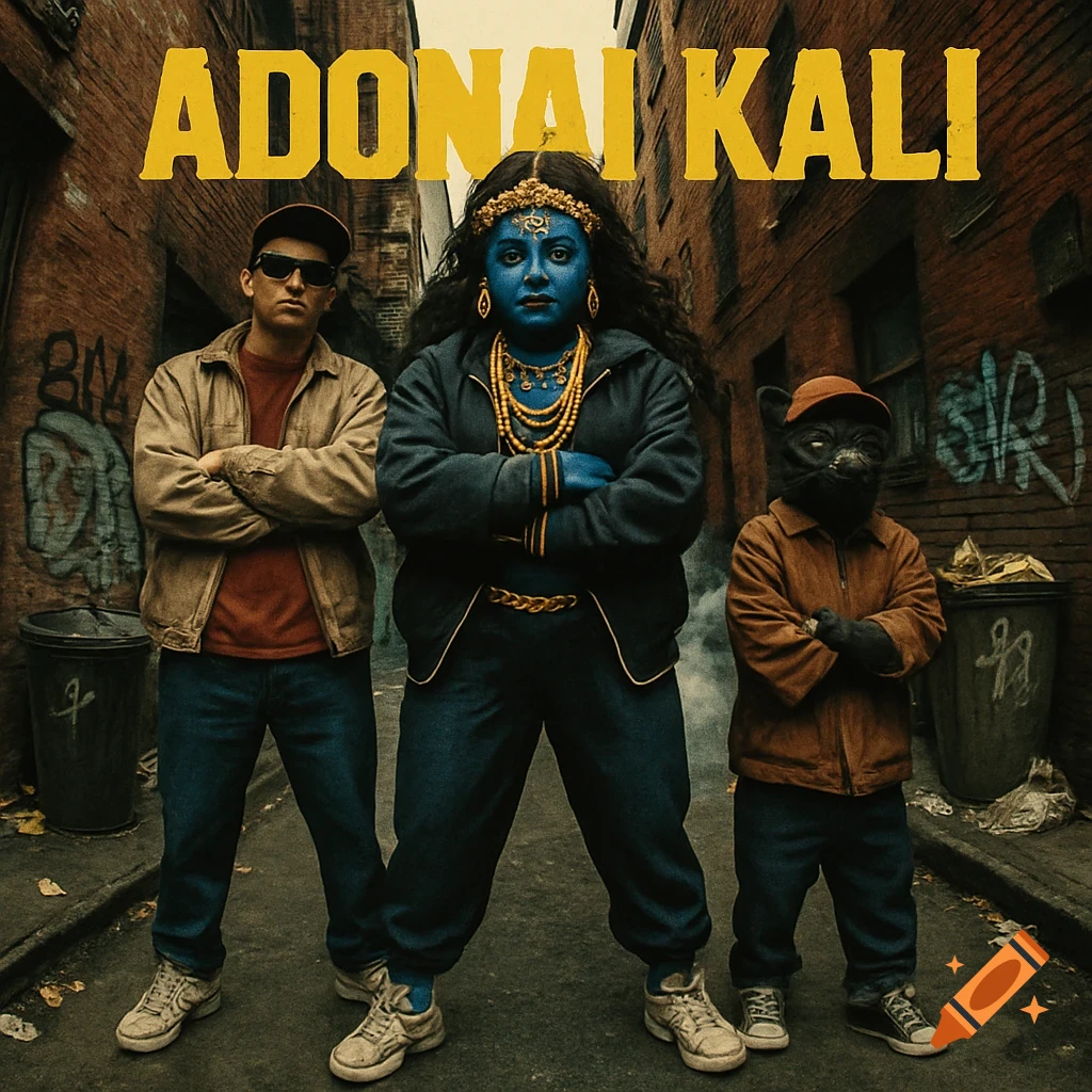 A hip-hop album cover style image of a man, a blue-skinned woman, and a cat-headed person posing in a gritty alleyway under 'ADONAI KALI' text.