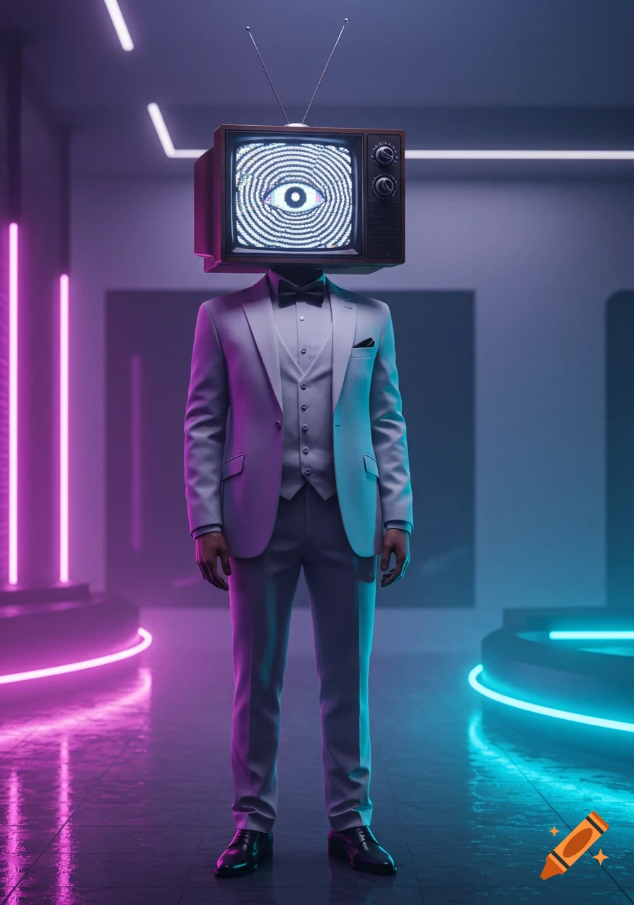 Man in white tuxedo with a vintage TV head showing a hypnotic eye, standing in a room lit by purple and blue neon lights.