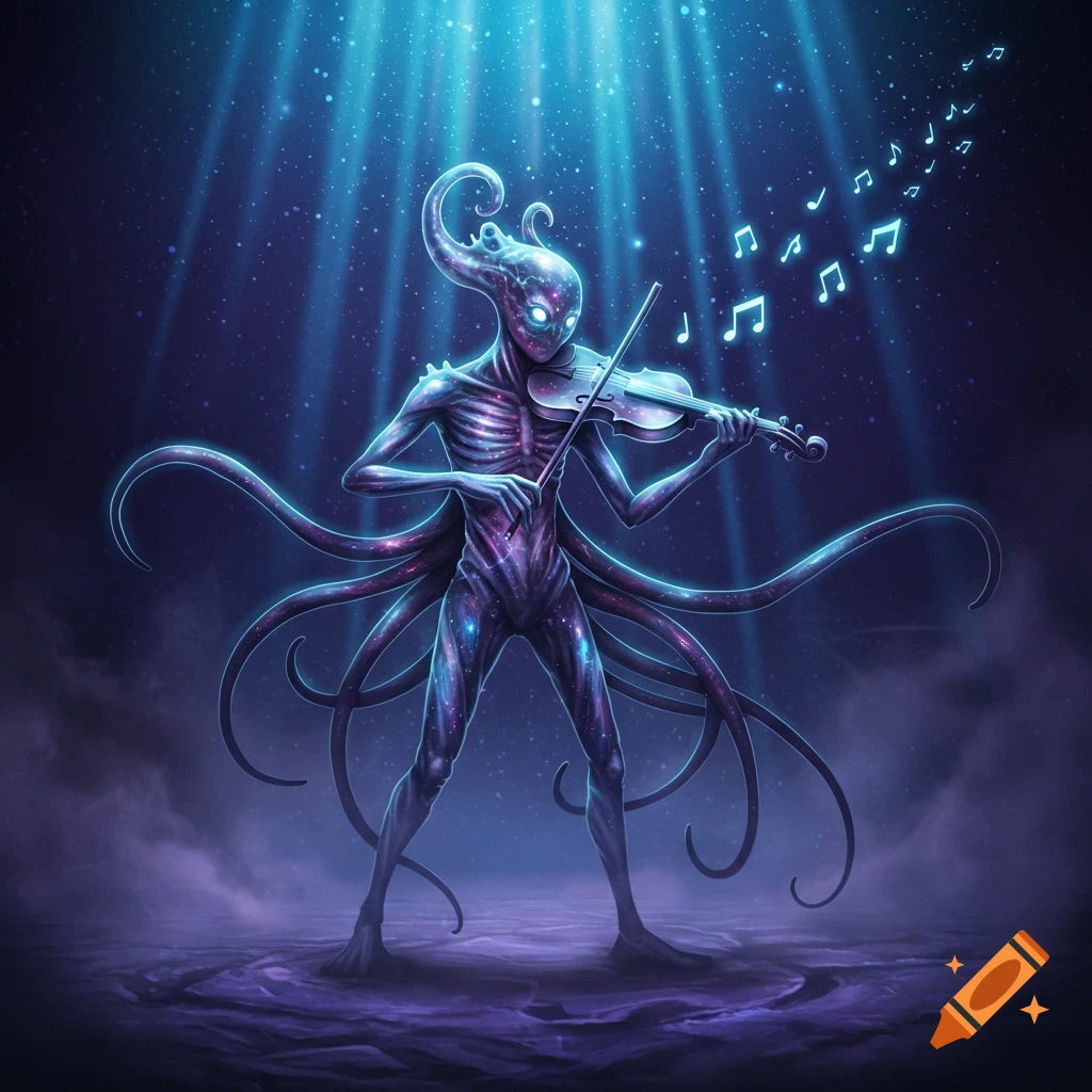 A luminous, tentacled alien monster with a starry body plays a violin under bright blue light beams in a cosmic void.