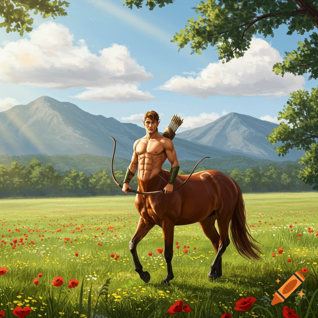 Muscular male centaur with bow and quiver stands in a sunlit meadow of wildflowers, mountains and trees in background, illustrative style.