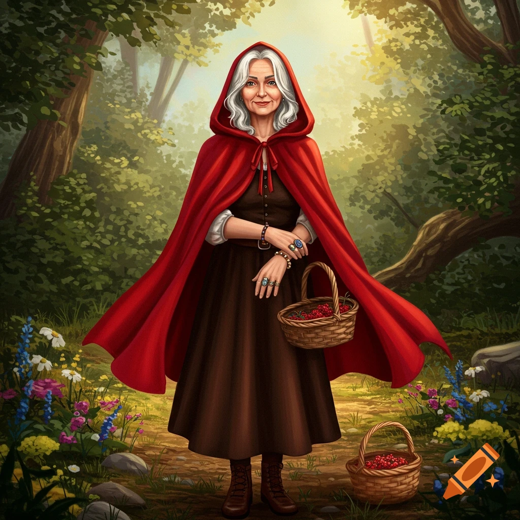 An illustrated older woman in a red hooded cloak and brown dress holds a berry basket in an enchanted forest with wildflowers.
