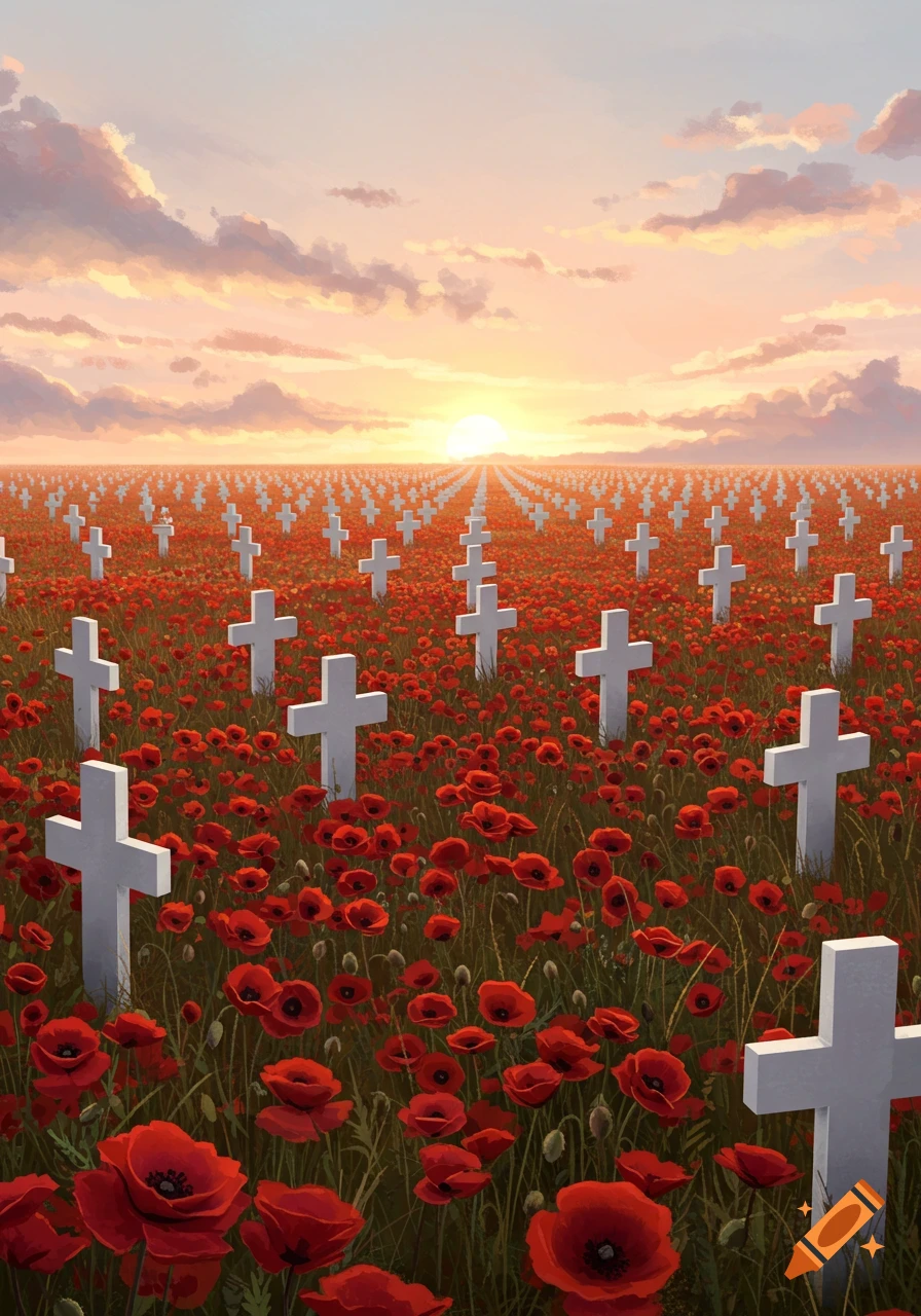 A vast field of white crosses and red poppies stretches to the horizon under a vibrant sunset sky, in a painterly style.