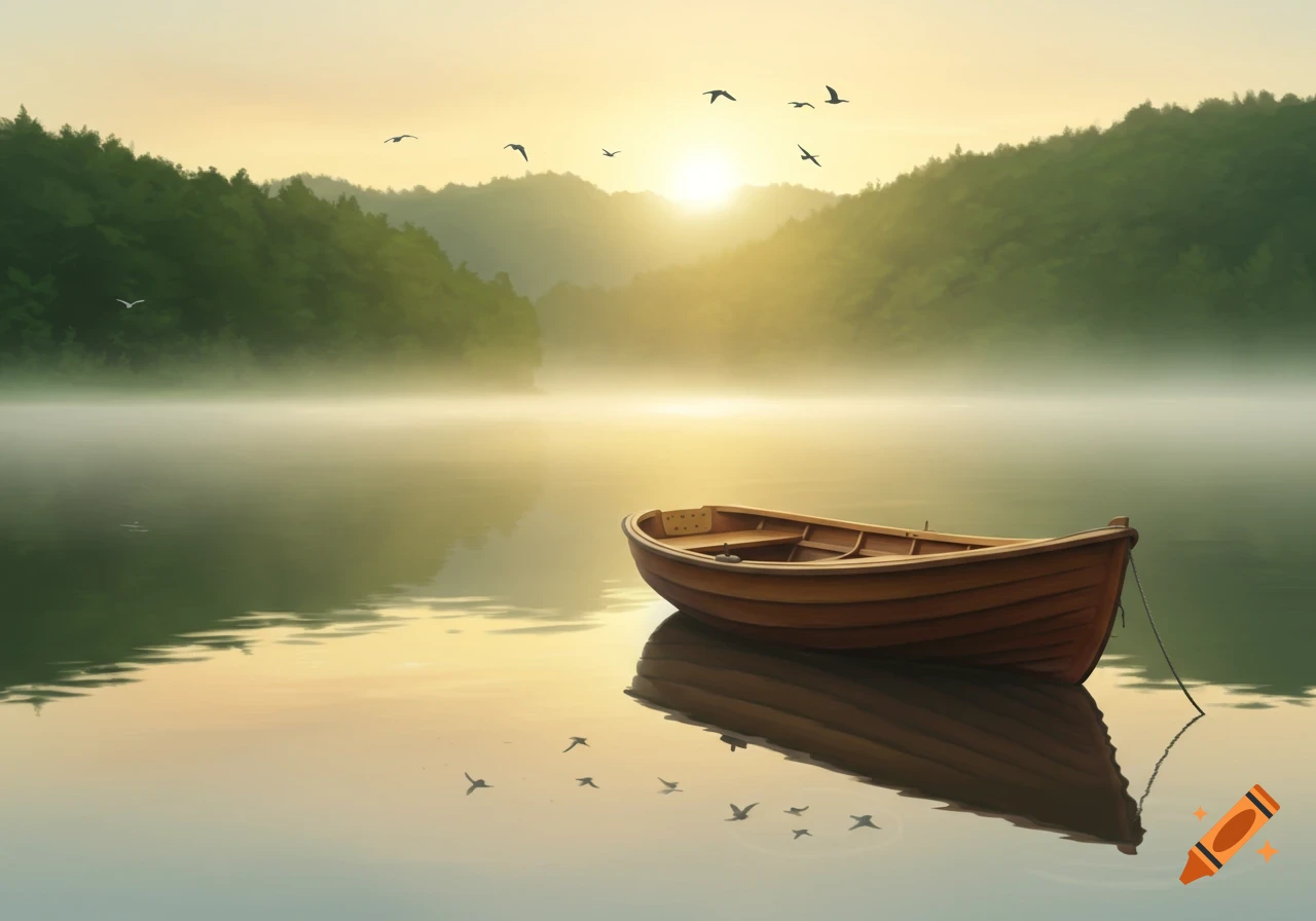 A wooden rowboat floats on a misty lake at sunrise, with forested mountains in the background and birds flying overhead. Photorealistic.
