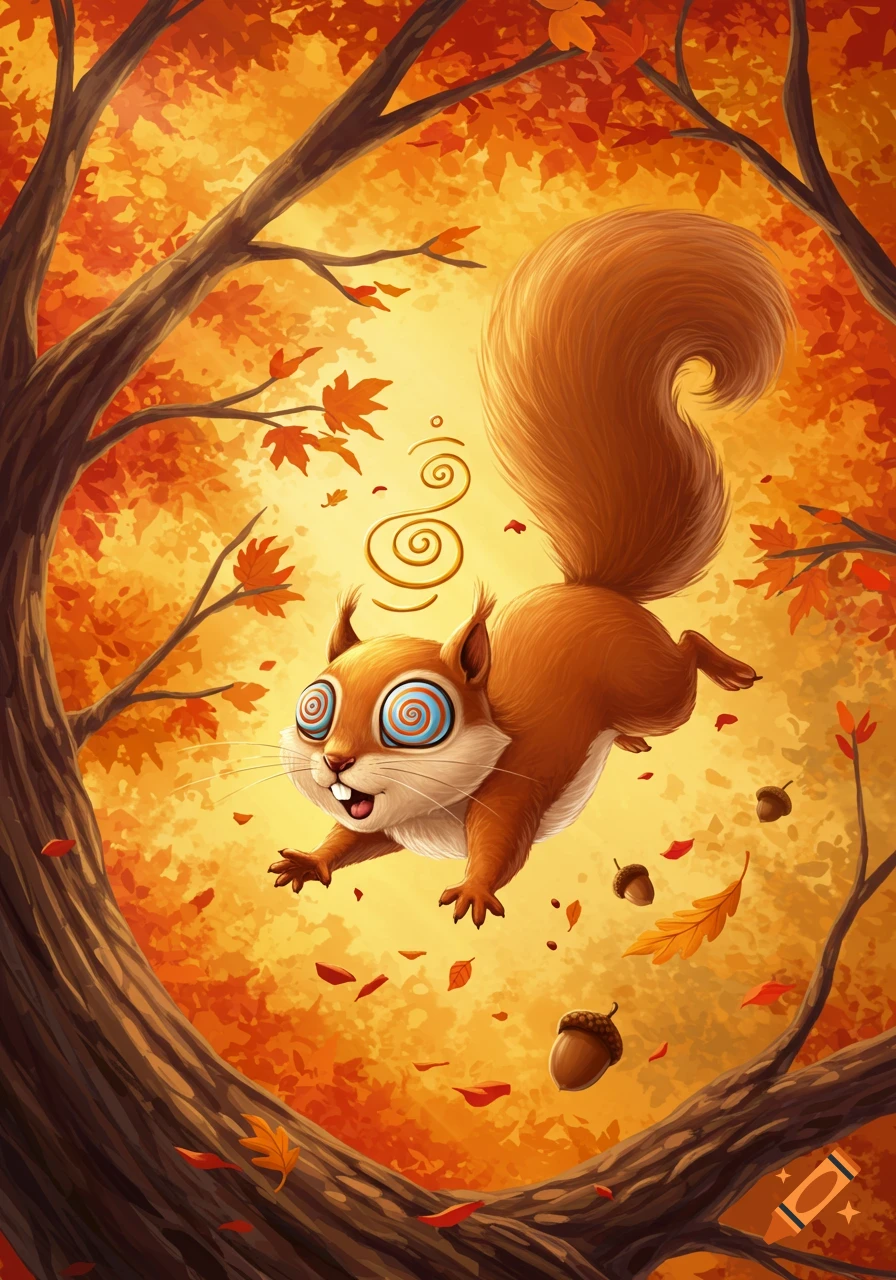 A funny, dizzy cartoon squirrel with swirly eyes tumbles amidst falling autumn leaves and acorns in a vibrant, stylized forest.