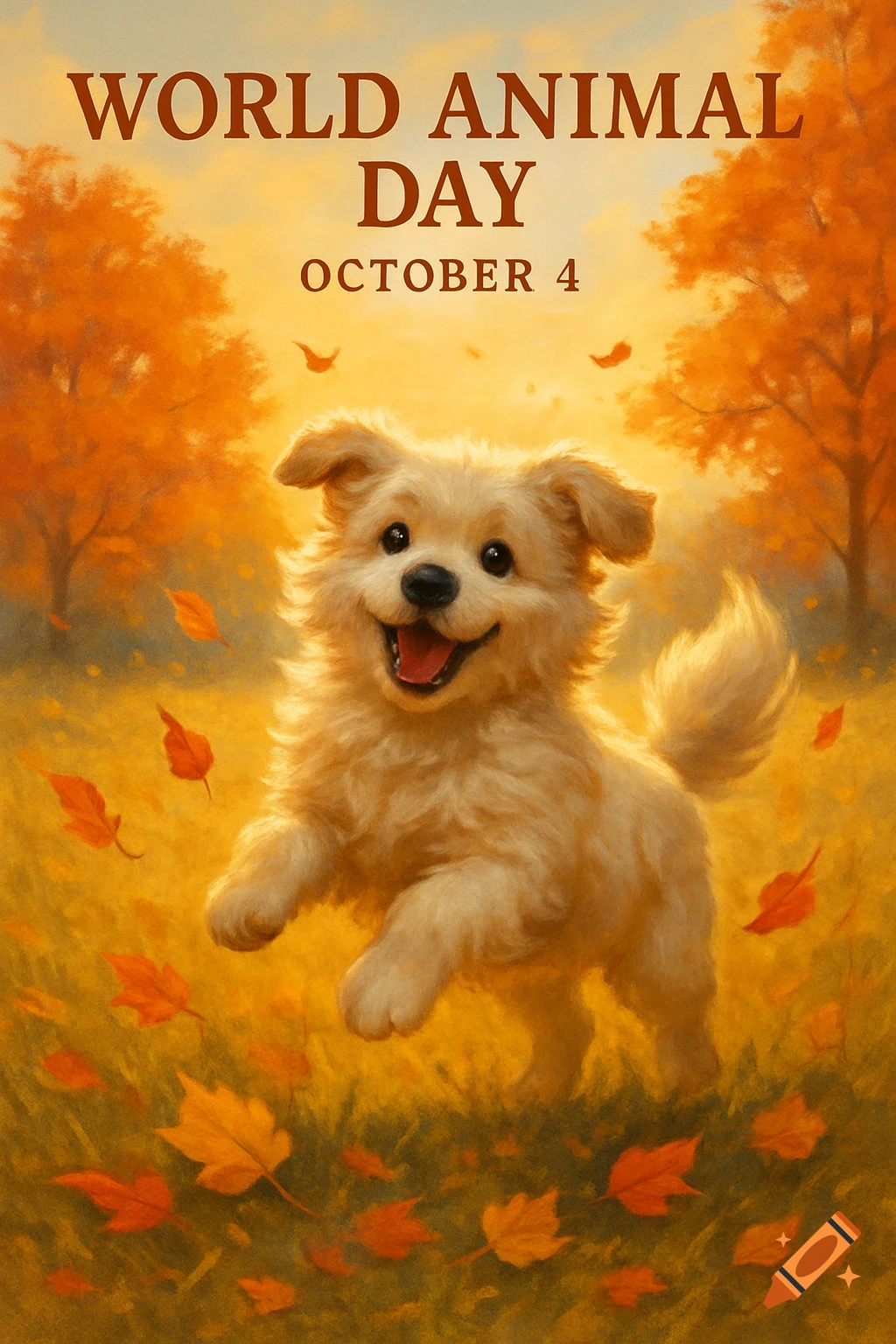 A fluffy, smiling golden puppy runs through autumn leaves with text "WORLD ANIMAL DAY OCTOBER 4".