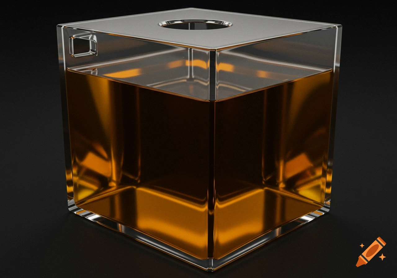 A clear glass rectangular tank filled with translucent brown oil, featuring a small hole on its silver top, set against a black background.