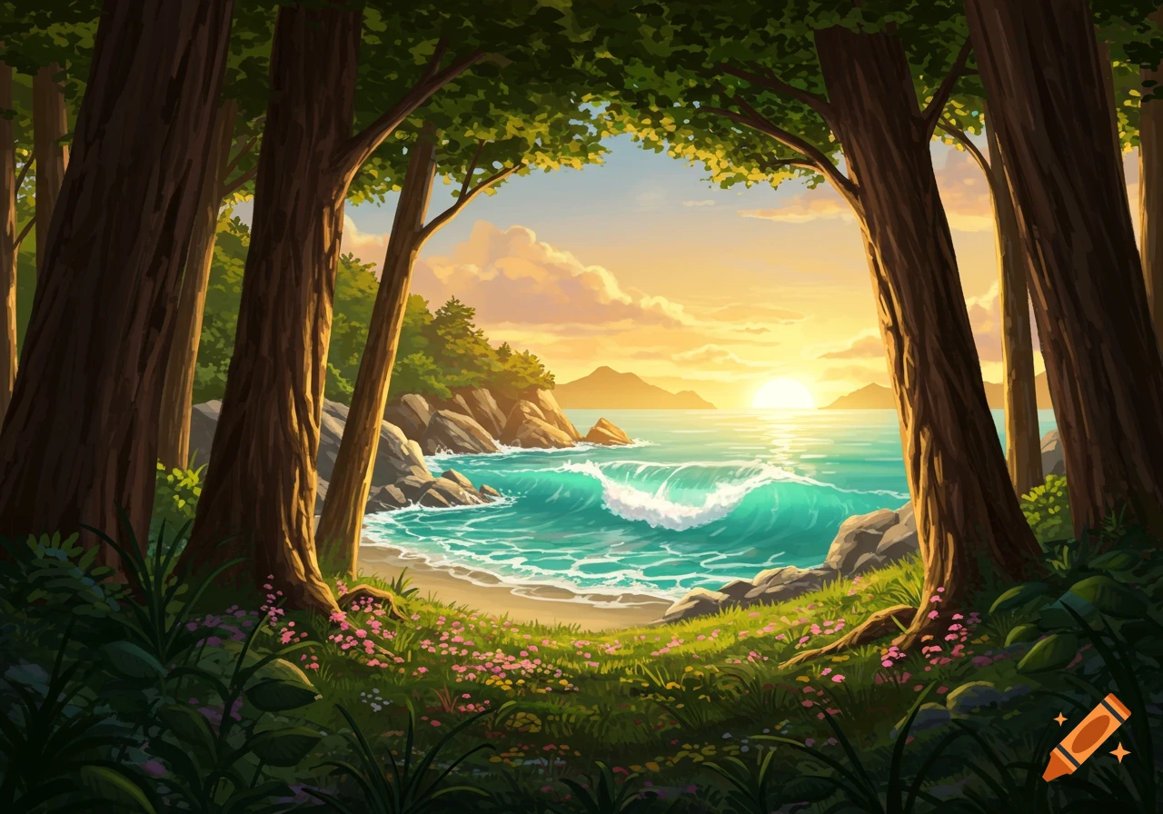 Stylized landscape of a forest framing a vibrant sunset over a beach with turquoise waves and rocky shores.