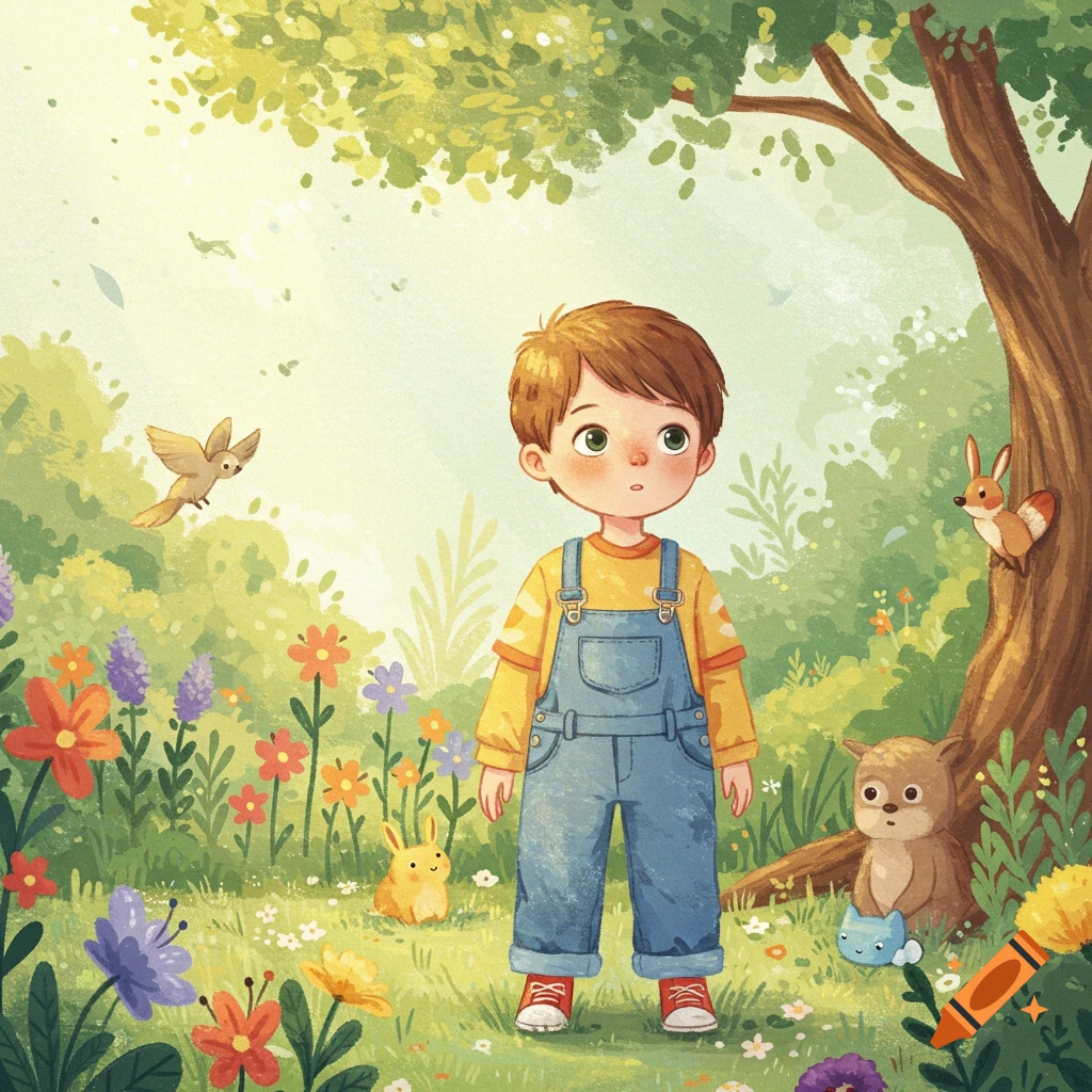 A cute boy in blue overalls stands in a whimsical field of colorful flowers, trees, and cartoon animals, in a children's book illustration style.