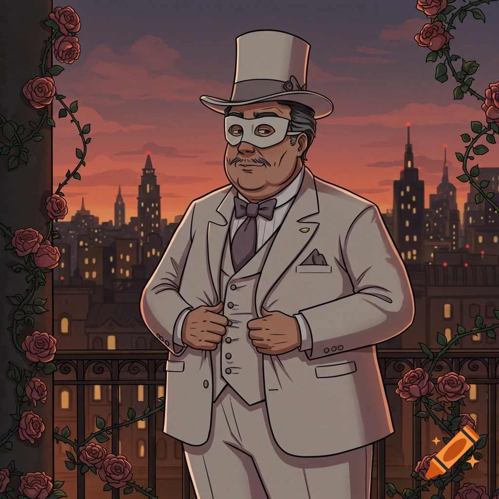 A cartoon man in a top hat and mask wears a formal suit on a rose-covered balcony overlooking a city skyline at sunset.