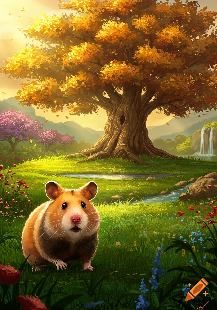 A cute hamster with large eyes in a lush, vibrant fantasy garden with a giant golden-leaved tree and a waterfall.