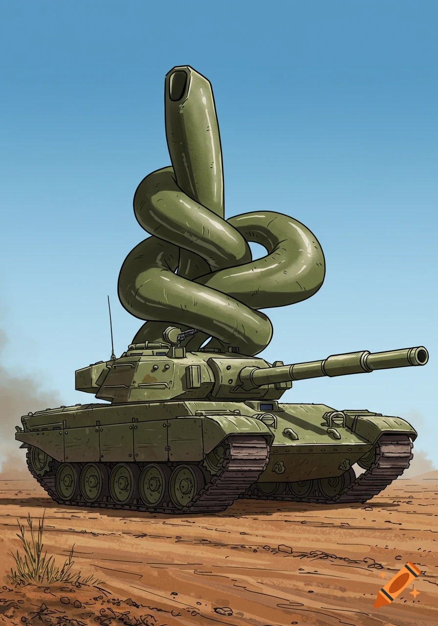 Cartoon drawing of a green military tank in a desert with its cannon tied in a knot, under a clear blue sky.
