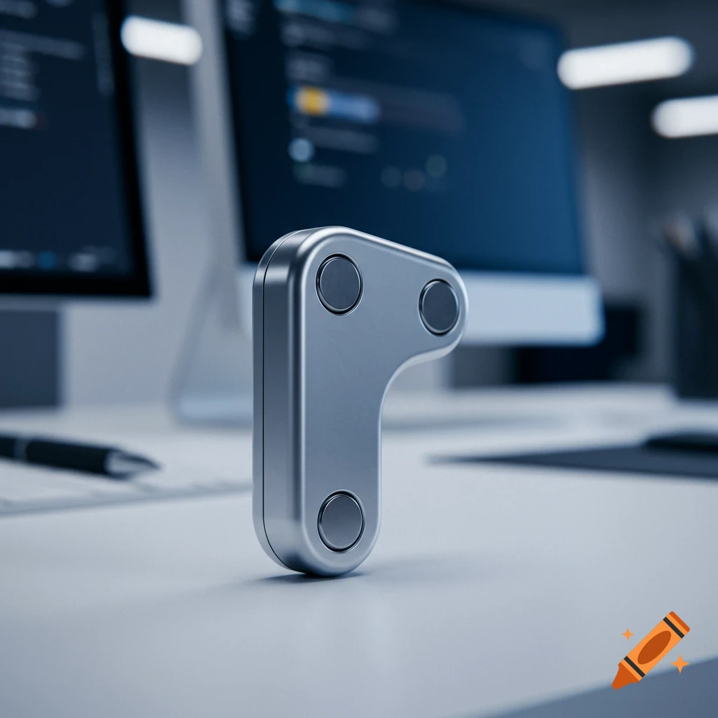 A silver, abstract-shaped fidget toy with three magnets on a white office desk, with blurry computer screens in the background.