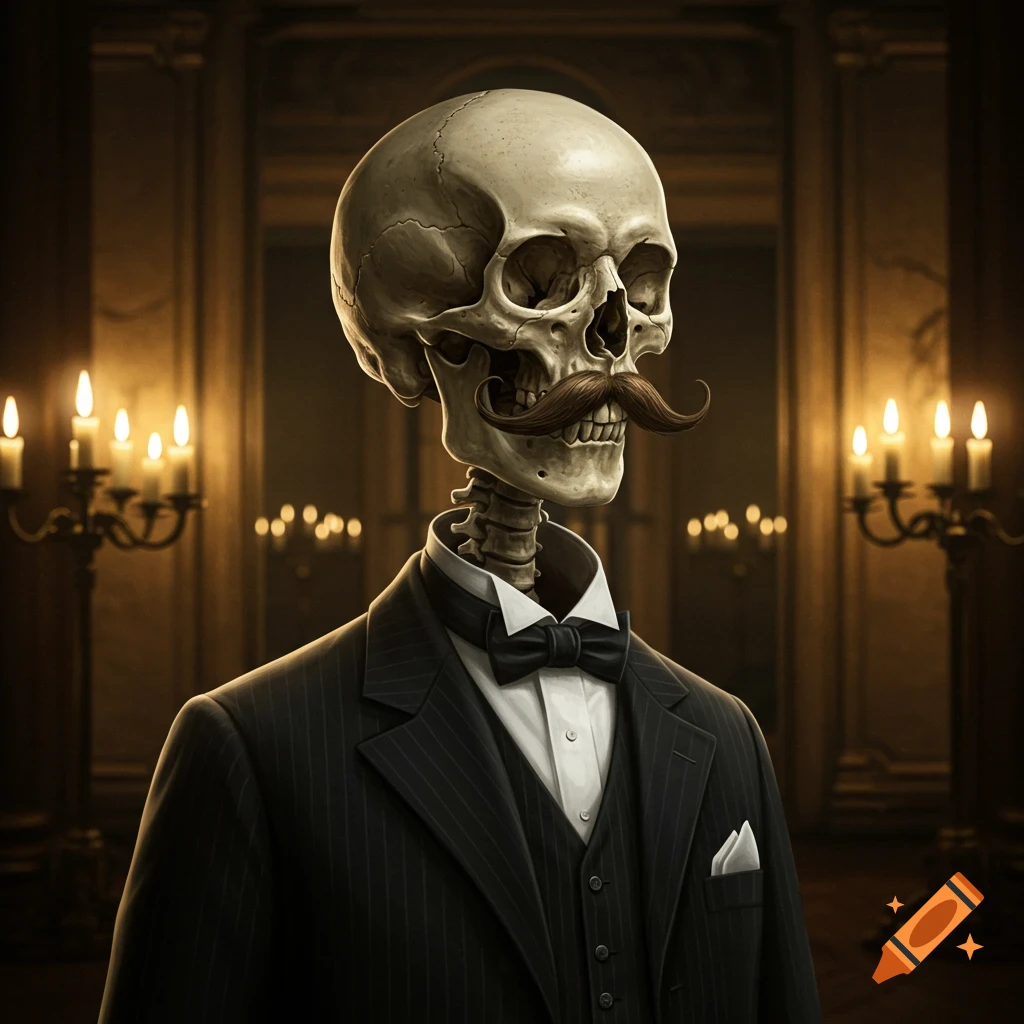 A dapper skeleton with a pencil mustache, wearing a pinstripe suit and bow tie, stands in a dimly lit, ornate room with candelabras.