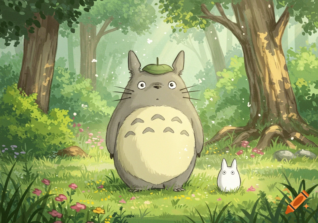 Totoro and a small white creature stand in a lush green forest with trees and pink flowers, in an animated illustration style.
