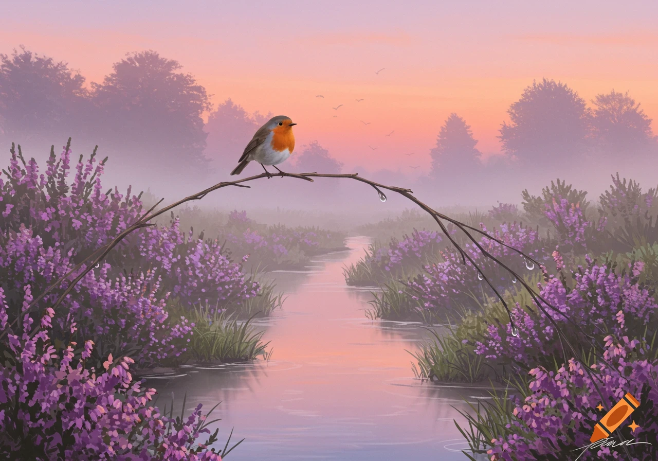 A robin perched on a branch over a misty stream, surrounded by purple heather flowers at dawn, in a digital painting style.