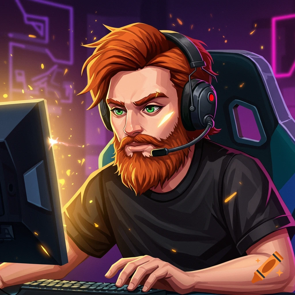 A stylized 2D illustration of a red-headed, bearded male gamer wearing headphones, intensely focused on his computer screen.