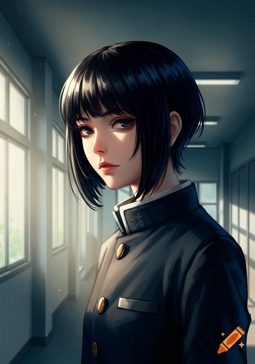 Anime-style portrait of a young woman with a bob haircut, wearing a school uniform in a hallway.