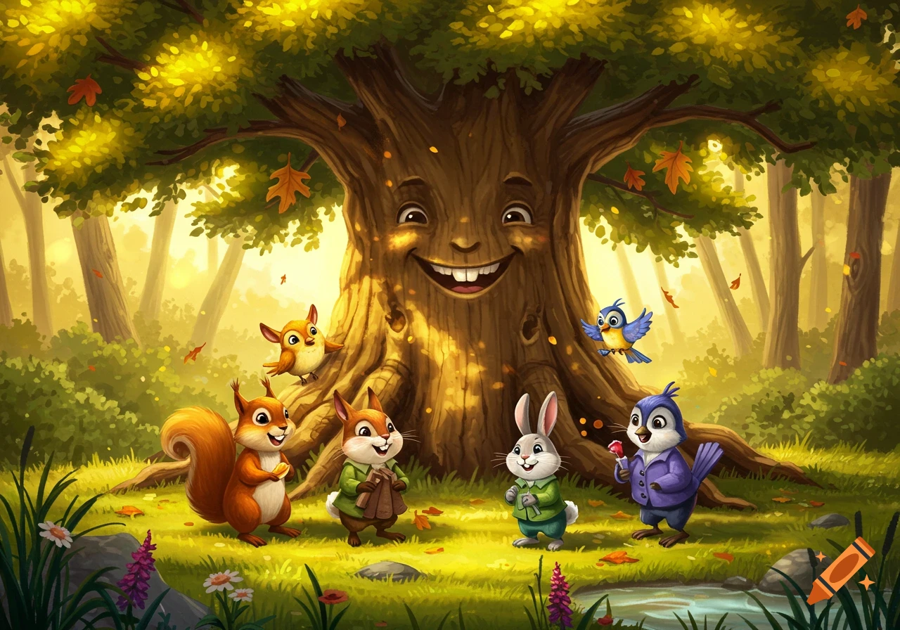 A whimsical illustration of a smiling tree with a face surrounded by happy cartoon forest animals (squirrels, rabbits, birds) in a sunlit forest.
