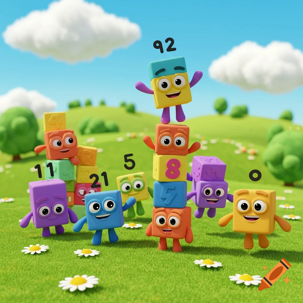 Colorful 3D cartoon Numberblocks characters stacked and standing in a sunny green field with daisies.