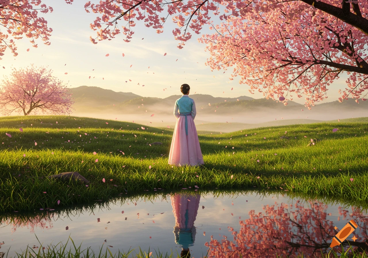 A person in traditional Korean hanbok stands by a reflective pond, facing a sunrise over misty hills, surrounded by falling pink cherry blossoms.
