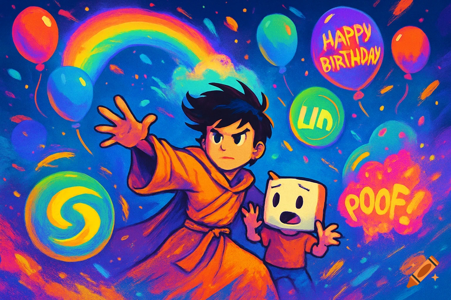 A colorful cartoon scene features a boy in an orange robe with his hand raised, next to a smaller, cube-headed character. They are surrounded by balloons, a rainbow, confetti, and speech bubbles with "HAPPY BIRTHDAY" and "POOF!".