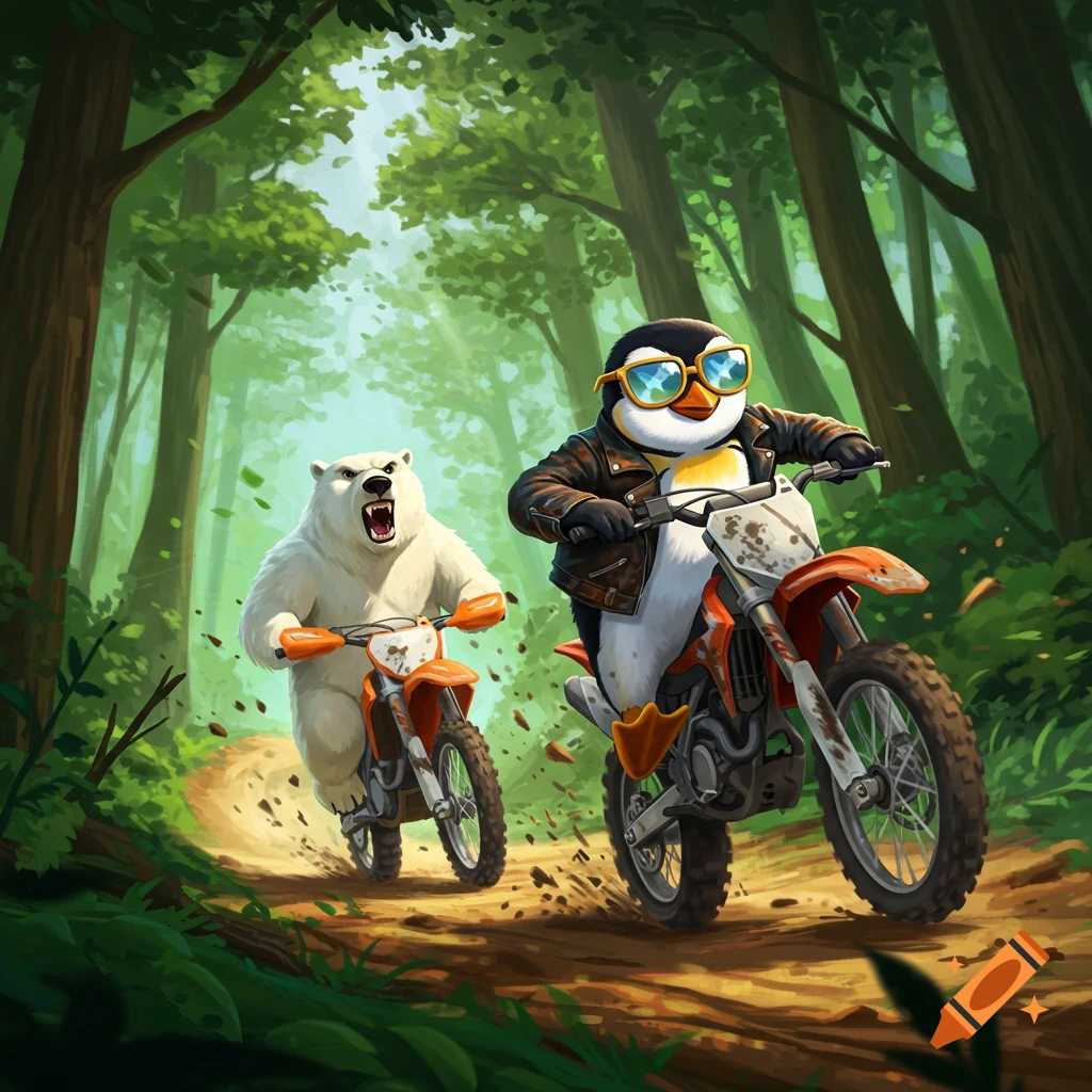 A cartoon penguin on a dirt bike in a forest, wearing a leather jacket and sunglasses, with an angry polar bear on another dirt bike behind it.