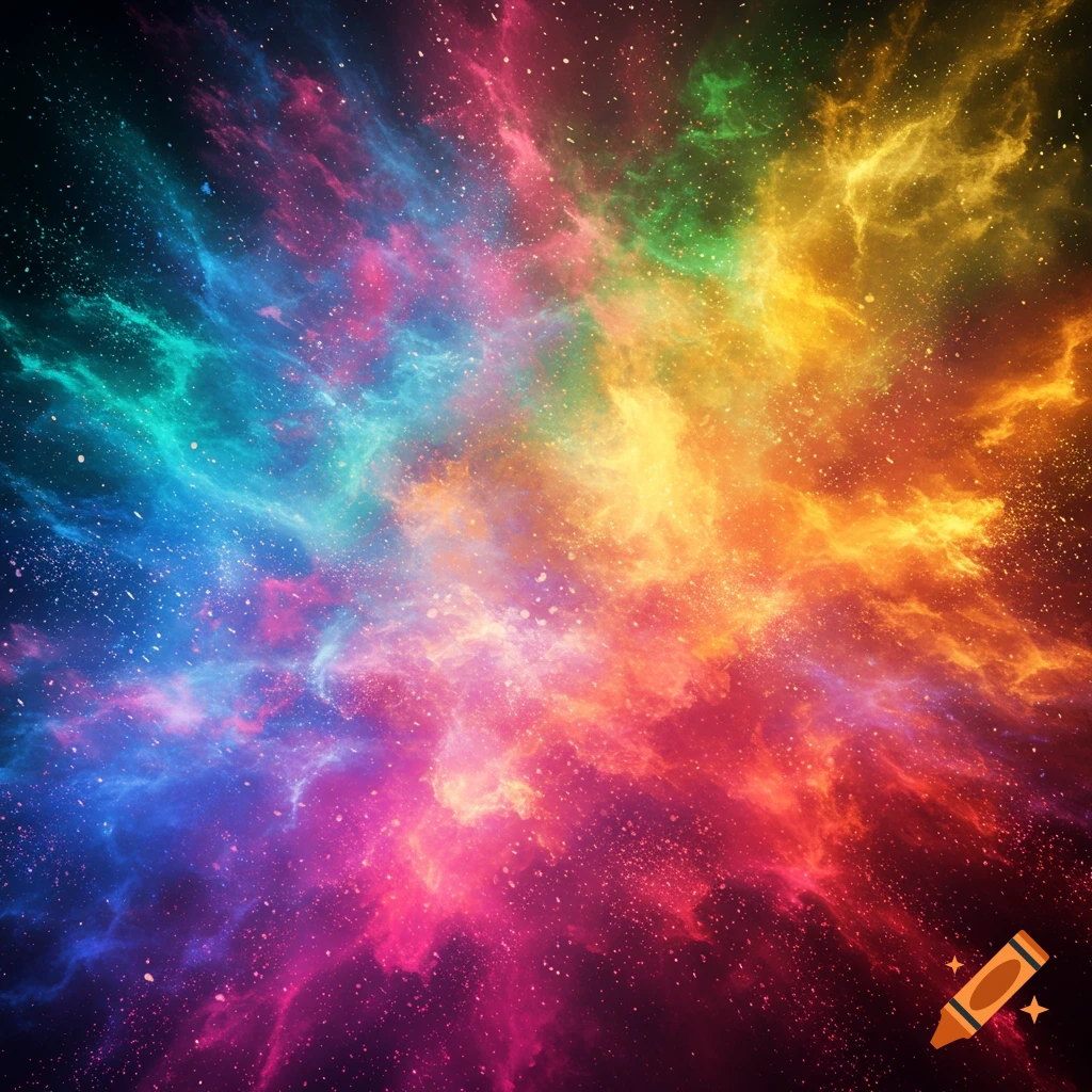 A vibrant, abstract explosion of colorful cosmic dust and light, resembling a nebula.